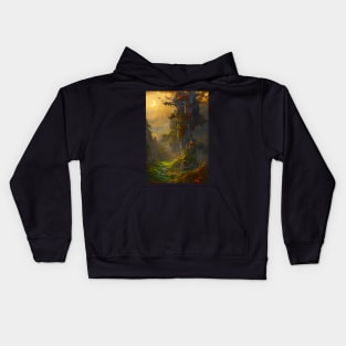 Surreal Magical Tower in Beautiful Landscape with Birds, and Trees by the Mountains under the Moon Kids Hoodie